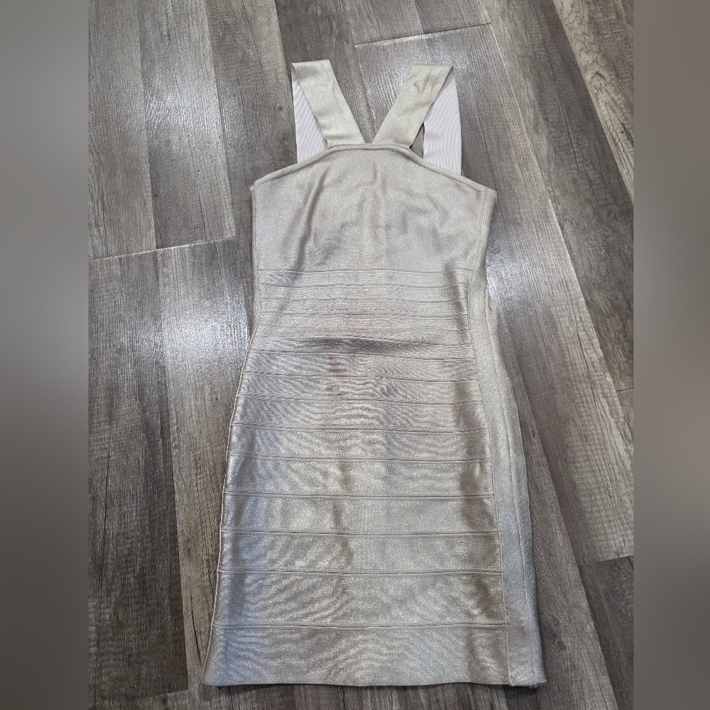 MARCIANO GOLD CHAMPAGNE BANDAGE mini Dress Y2K formal Designer Luxury Stretch